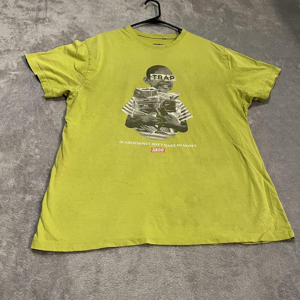 AKOO Shirt Mens 2XL Green Trap Scared Money Graphic Tee Short Sleeve Streetwear
